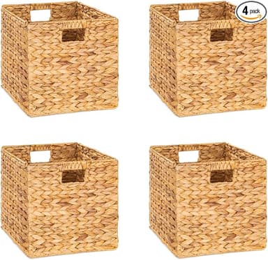 12x12x12 Storage Cube, Water Hyacinth Storage Baskets, Wicker Storage Baskets for Shelves, Woven Baskets for Storage, Square Wicker Storage Basket for Bedroom, Living Room (4 Packs 12x12in - Image 1