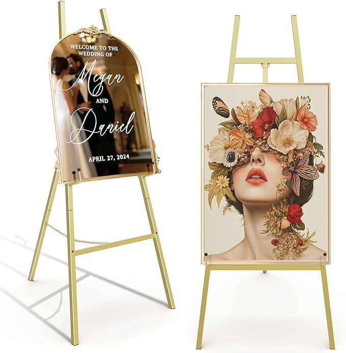 Gold Easel Stand for Sign, Heavy Duty Metal Display Easel with Adjustable Chain, 4-Tier Height Art Easel for Painting, Wedding Sign, Posters & Commercial Display - Image 1