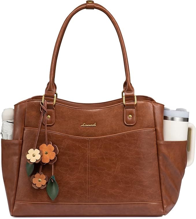 LOVEVOOK Laptop Bag for Women, Leather Vintage Work Tote Bag Computer Office Teacher Bag with Large Cup Holder - Image 1