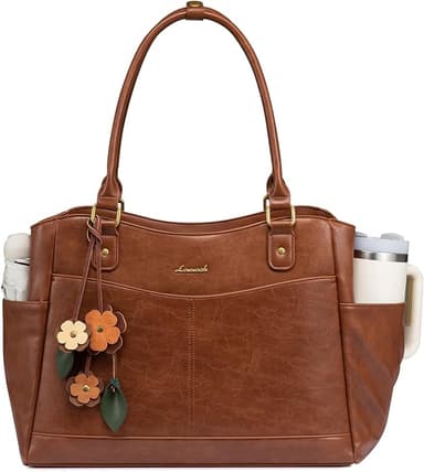 LOVEVOOK Laptop Bag for Women, Leather Vintage Work Tote Bag Computer Office Teacher Bag with Large Cup Holder - Image 1