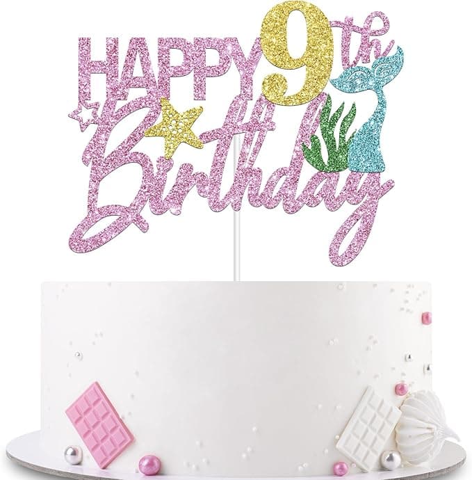 Mermaid Happy 9th Birthday Cake Topper, Pink Glitter Mermaid Nine Cake Decoration Ocean Theme for Girl 9 Years Old Birthday Party Cake Decor - Image 1