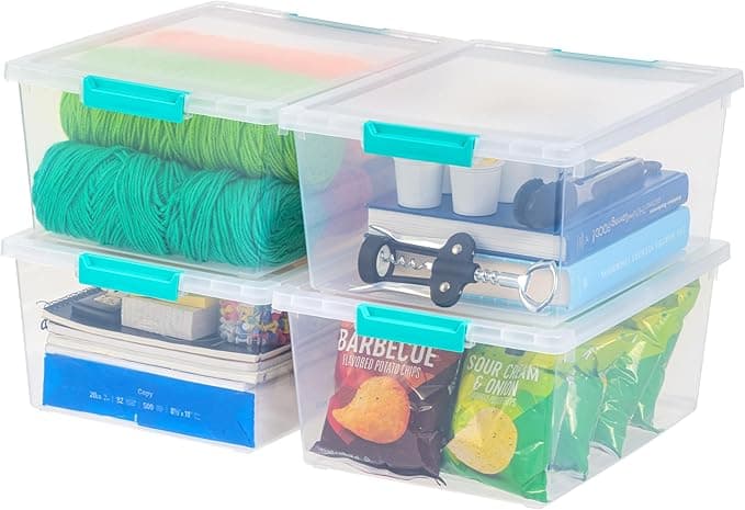 IRIS USA 12 Qt. Plastic Storage Bins Containers with Lids, 4 Pack, Small Sensory Bin, Craft Storage, Craft Organizers & Storage, Organizing Container for Home, Office & Art Supplies, Stackable, Clear - Image 1