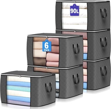 90 L Large Storage Bags, 6 Pack Clothes Storage Bins Foldable Closet Organizers Storage Containers with Reinforced Handle for Clothing, Blanket, Comforters, Bed Sheets, Pillows and Toys (Gray - Image 2