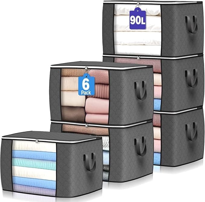 90 L Large Storage Bags, 6 Pack Clothes Storage Bins Foldable Closet Organizers Storage Containers with Reinforced Handle for Clothing, Blanket, Comforters, Bed Sheets, Pillows and Toys (Gray - Image 1