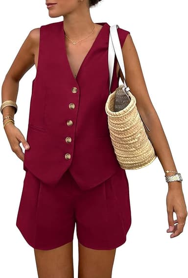 PRETTYGARDEN Women's Summer 2 Piece Outfits Sleeveless Matching Sets Button Down V Neck Vest Waistcoat and Pockets Shorts - Image 1