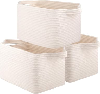 Storage Basket for Organizing, Woven Baskets for Storage, Rectangle Decorative Baskets for Shleves, Closet, Toys, Books, Nursery Organizer Bins - Pack of 3 (White - Image 2