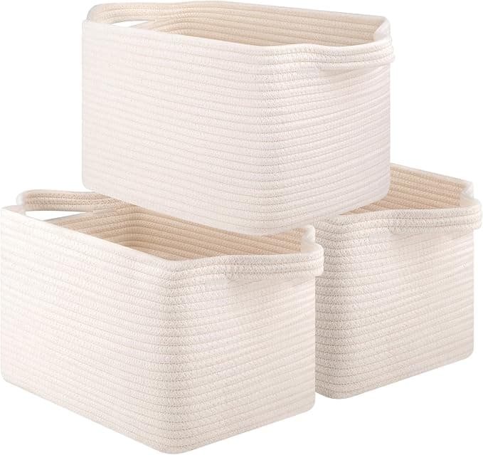 Storage Basket for Organizing, Woven Baskets for Storage, Rectangle Decorative Baskets for Shleves, Closet, Toys, Books, Nursery Organizer Bins - Pack of 3 (White - Image 1
