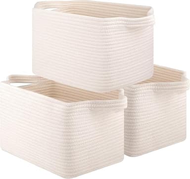 Storage Basket for Organizing, Woven Baskets for Storage, Rectangle Decorative Baskets for Shleves, Closet, Toys, Books, Nursery Organizer Bins - Pack of 3 (White - Image 1