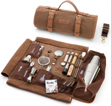 Barillio Bartender Kit Bag with Cocktail Shaker Set - Waxed Canvas, Traveling Bar Tools Bag with 17-Pc Cocktail Kit - Travel Mixology Bartending Kits - Mobile Bar Roll with Strap & Accessories - Image 2