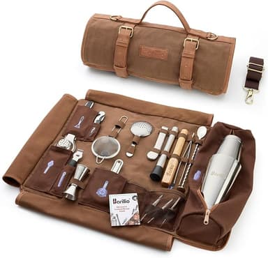 Barillio Bartender Kit Bag with Cocktail Shaker Set - Waxed Canvas, Traveling Bar Tools Bag with 17-Pc Cocktail Kit - Travel Mixology Bartending Kits - Mobile Bar Roll with Strap & Accessories - Image 1