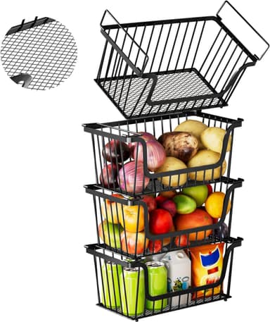 ANJUBAN 4 Pack Enhanced Leak-Proof Bottom Stackable Wire Baskets, Pantry Organizers and Storage, pantry storage，Shelf Baskets, Fruit Basket, Potato and Onion Storage Bins，(Black - Image 2