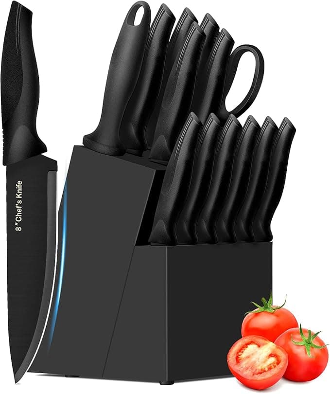XANAPON Knife Set, 14 Pieces Kitchen Knife Set, High Carbon German Stainless Steel, Dishwasher Safe Cutlery with Sharpener, Black - Image 1
