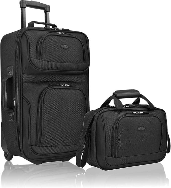 U.S. Traveler, Rio Rugged Fabric Expandable Upright Rolling Carry-on Luggage Set w/ Tote Bag, Black, 2-Piece (21/14 - Image 1