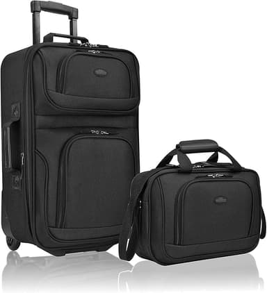 U.S. Traveler, Rio Rugged Fabric Expandable Upright Rolling Carry-on Luggage Set w/ Tote Bag, Black, 2-Piece (21/14 - Image 1
