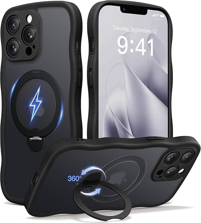 CAPRARO for iPhone 13 Pro Case with 360° Spin Magnetic Stand for Women, [Compatible with MagSafe] [Full Camera Protection] Cute Wave Translucent Matte Case for iPhone 13 Pro, Black - Image 1