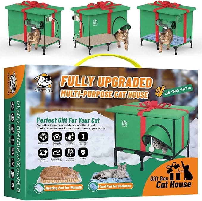 NEAIYDA Outdoor Heated Cat House,Weatherproof and Insulated Outside Cat Shelter with Heated Pad and Cooling Pad(4 Seasons Universal),Gift Box for Cats.(Medium - Image 1
