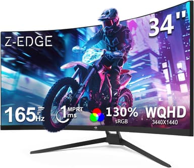 Z-Edge 34" Curved Gaming Monitor, WQHD 1440P 165Hz 144Hz PC Monitor, MPRT 1ms, 21:9 Aspect Ratio, 1500R, 16.7M Colors, 3000:1 Contrast, UG34 Frameless Bezel, 2X DP 1.4 Ports and 2X HDMI 2.0 Port - Image 2