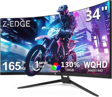 Z-Edge 34" Curved Gaming Monitor, WQHD 1440P 165Hz 144Hz PC Monitor, MPRT 1ms, 21:9 Aspect Ratio, 1500R, 16.7M Colors, 3000:1 Contrast, UG34 Frameless Bezel, 2X DP 1.4 Ports and 2X HDMI 2.0 Port - Image 1