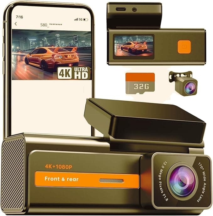 Dash Cam 1296P Front Dashcam, V300 WiFi Dash Camera for Cars with App, Night Vision, Mini Hidden Single Car Camera, Loop Recording (Yellow - Image 1