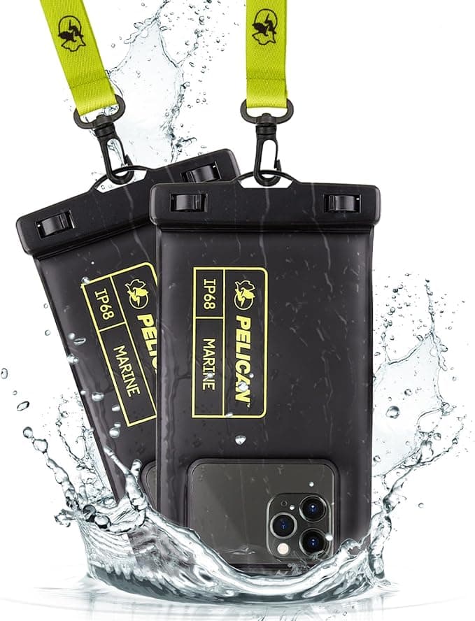 Pelican 2 Pack Marine - IP68 Waterproof Phone Pouch (Regular Size) Floating Waterproof Phone Case - Beach Cruise Ship Travel Essentials - Works w/All Phones - Detachable Lanyard - Black/Hi-Vis Yellow - Image 1