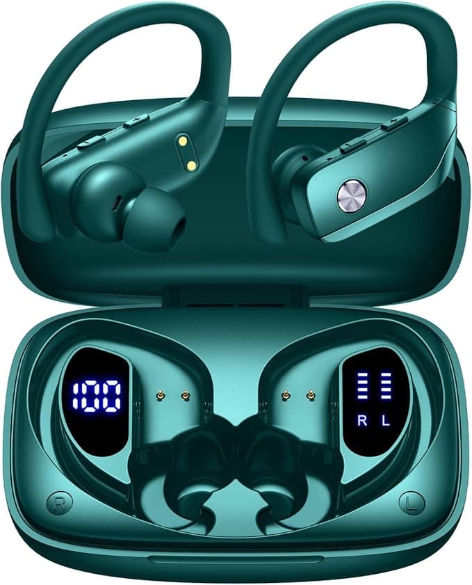 bmanl Wireless Earbuds Bluetooth Headphones Over Ear Hooks Ear Buds with 80H Playtime, LED Power Display, Dual Mic Clear Calls, Sports Wireless Ear Buds Bluetooth Earbuds for Running Gym Workout Green - Image 1