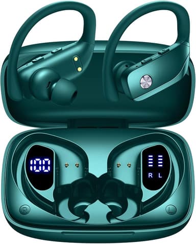 bmanl Wireless Earbuds Bluetooth Headphones Over Ear Hooks Ear Buds with 80H Playtime, LED Power Display, Dual Mic Clear Calls, Sports Wireless Ear Buds Bluetooth Earbuds for Running Gym Workout Green - Image 1