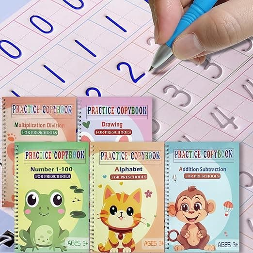Magic Grooved Practice Copybook 5 Pack with Pens, Groove Reusable Magical Handwriting Workbooks, Tracing Letters Numbers, Math, Kindergarten Sight Words for Kids Ages 3-8 for Preschool(5books+Pens） - Image 1