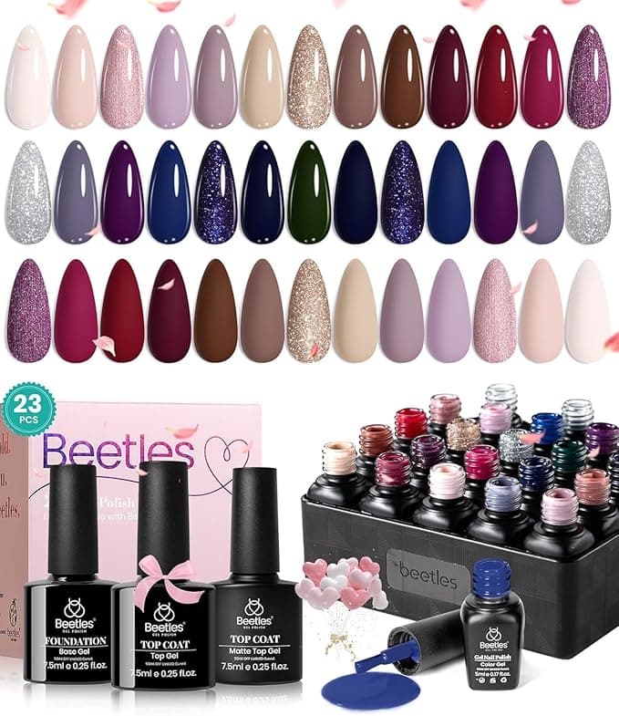 Beetles Winter Gel Polish Set 20 Colors Neutral Shimmer Red Nude Brown Gel Nail Polish Kit with Base Coat Matte Glossy Top Coat Soak off Uv Lamp Manicure Set Gift for Women Sophisticated Charm - Image 1