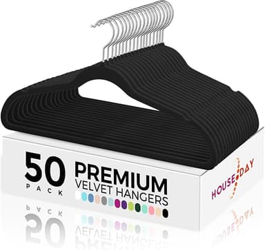 HOUSE DAY Premium Velvet Hangers 50 Pack Black, Non-Slip Flocked Felt Hangers, Sturdy Clothes Hangers with 360° Rotatable Hook, Heavy Duty Coat Hanger, Durable Slim Hanger for Closet Space Saving - Image 1