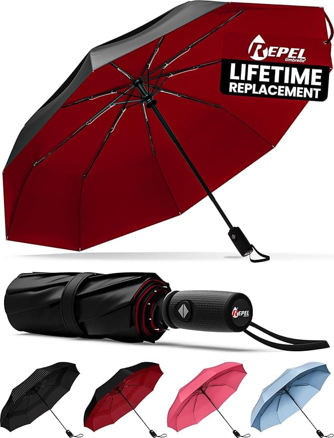 REPEL Windproof Travel Umbrella - Compact & Withstands Winds up to 85MPH , Strongest Premium Auto Folding Umbrella for Rain and Sun - Durable, Light & Portable for Women & Men , Fits Backpack & Cars - Image 1