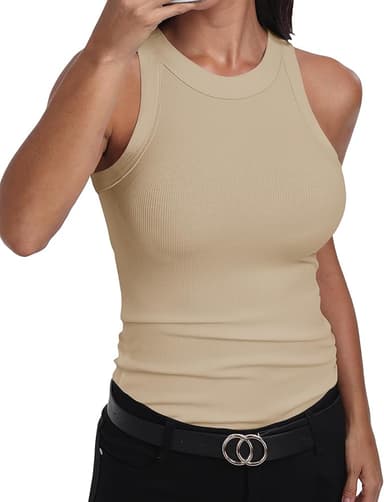 GEMBERA Womens Sleeveless Racerback High Neck Casual Basic Cotton Ribbed Fitted Tank Top - Image 1