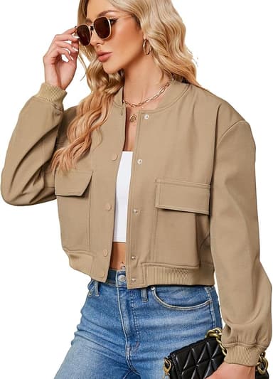 Zando Bomber Jacket Women 2026 - Short Cropped Jacket Women Button Down Long Sleeve Casual Varsity Jackets with Pockets - Image 1