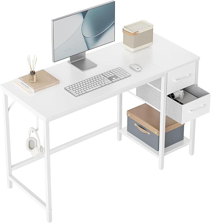 CubiCubi Computer Desk with 2 Drawers, 40 Inch Small Home Office Desk Study Writing Table, Pure White - Image 1