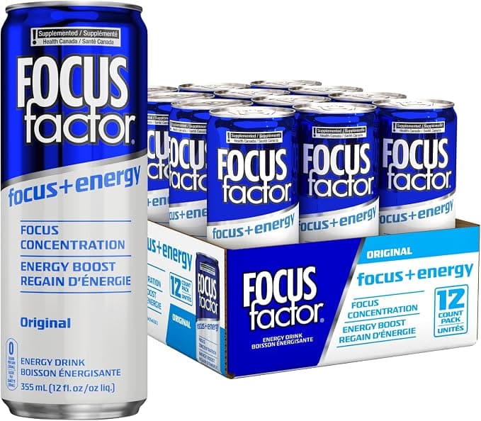 Focus Factor Energy Drink - 12 x 355ml Cans (Original Flavour) - with Focus + Energy - Lightly Carbonated, Sugar Free, Low Calorie with Vitamin B6 & Vitamin B12 - Image 1
