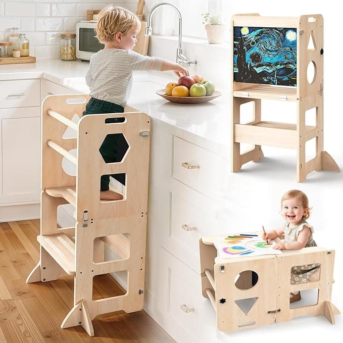 4-in-1 Toddler Kitchen Step Stool, Foldable Learning Standing Tower with Blackboard, Wooden Kitchen Stool Helper for Kids, 1-3 Year Old Boy Girl Gifts - Image 1