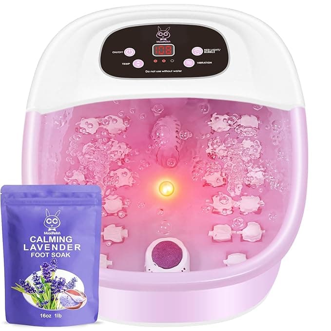 Foot Spa Bath Massager with Heat Bubbles and Vibration Massage and Jets, 16 OZ Calming Lavender Foot Soak Epsom Salt, Foot Soaker with Red Light, 22 Massage Rollers, Adjustable Temp - Pink - Image 1