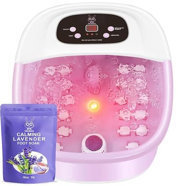 Foot Spa Bath Massager with Heat Bubbles and Vibration Massage and Jets, 16 OZ Calming Lavender Foot Soak Epsom Salt, Foot Soaker with Red Light, 22 Massage Rollers, Adjustable Temp - Pink - Image 1