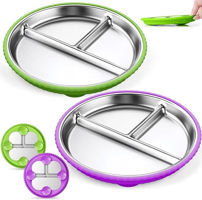 Stainless Steel Kids Plates with Suction, 2Pack 9" Divided Toddler Plates Removable Non Slip Silicone Sleeves Baby Feeding Led Weaning Supplies, BPA Free, Unbreakable Dishwasher Safe - Image 1