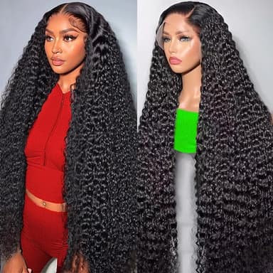 13x6 Deep Wave 180% Density Human Hair Wigs for Women - Deep Curly Lace Front Wig - Human Hair HD Lace Frontal Wig - Pre Plucked with Baby Hair - 40 Inch - Image 1