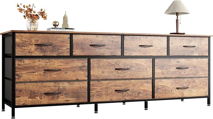 Huuger 63 Inch Dresser for Bedroom, Long Dresser with 10 Fabric Drawers, TV Stand for 55, 65, 70 Inch TV, Toy Storage Organizer for Closet, Rustic Brown - Image 1