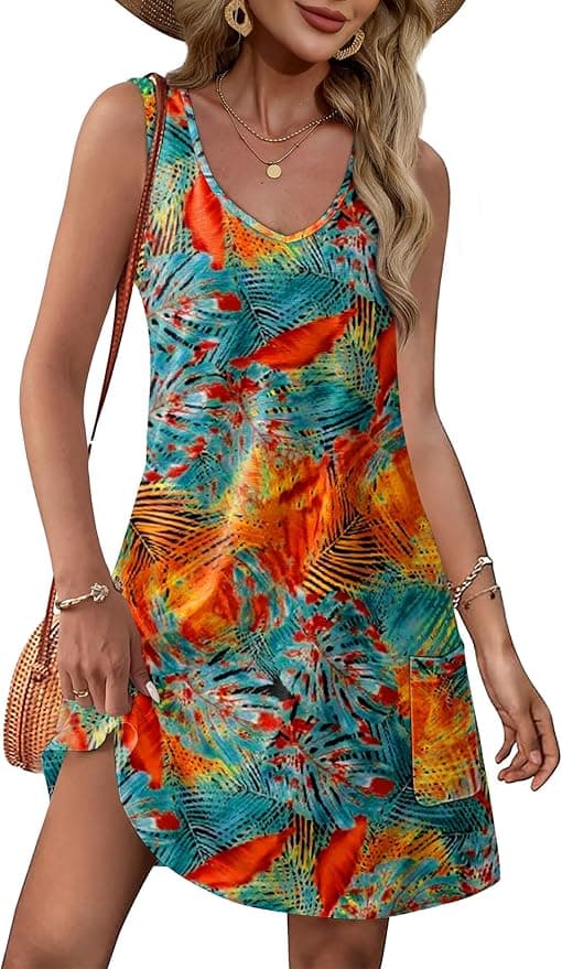 OFEEFAN Womens Summer Dresses 2026 V Neck Sleeveless Sundresses with Pockets Beach Vacation Clothes Floral/Plain - Image 1