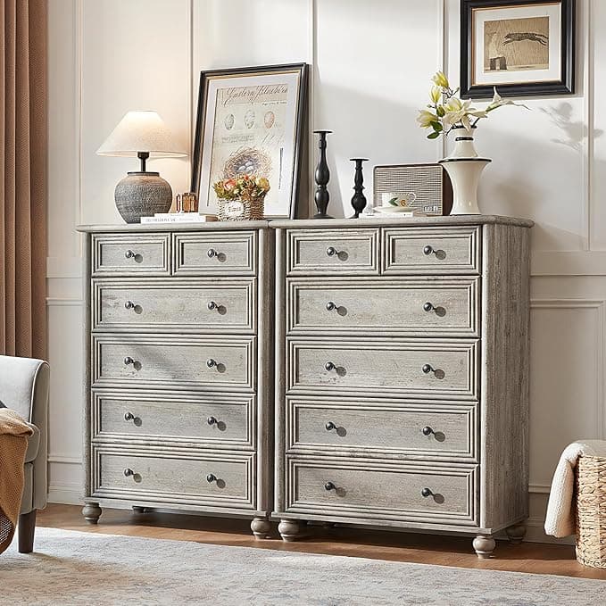 Farmhouse 6 Drawer Dresser Set of 2, Chest of Drawers for Bedroom, 43.5" Tall Grey Dresser with Roman Column, Rustic Wood Storage Dressers Organizer for Living Room, Hallway, Closet - Image 1