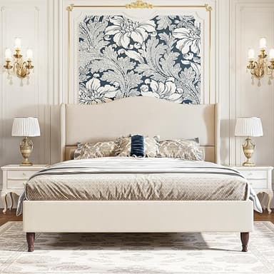 koorlian Full Size Bed Frame Upholstered Platform Bed with 51" Tall Headboard Wingback, Soft Fabric, Retro Simple Style Platform Bed No Box Spring Needed, Easy Assembly, Beige - Image 1