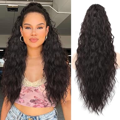 ORSUNCER Ponytail Extension Claw 26" Curly Pony Tail Clip in Claw Hair Extensions Fluffy Natural Looking Synthetic Hairpiece for Women Black Brown - Image 2
