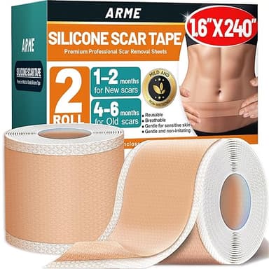 Arme Silicone Scar Tape, 1.6" x 240" Silicone Scar Sheets(2 Rolls-6M), Medical Grade Scar Tape Removal Sheets for Surgical Scars, Reusable Scar Removal Strips for Tummy Tuck C-Section Keloid - Image 1