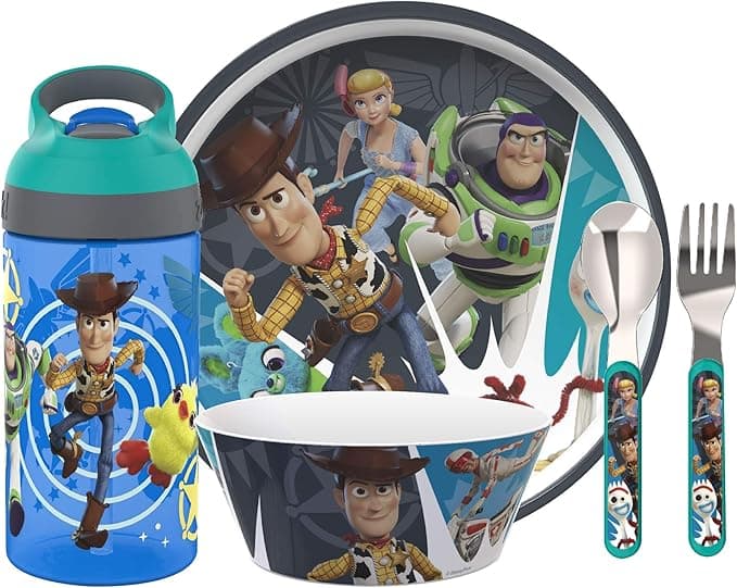 Zak Designs 5-Piece Dinnerware Set, Disney and Pixar Toy Story 4 - Durable Plastic & Stainless Steel - Includes Water Bottle, 8-Inch Plate, 6-Inch Bowl, Fork & Spoon - Suitable for Kids Ages 3+ - Image 1