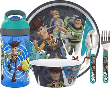 Zak Designs 5-Piece Dinnerware Set, Disney and Pixar Toy Story 4 - Durable Plastic & Stainless Steel - Includes Water Bottle, 8-Inch Plate, 6-Inch Bowl, Fork & Spoon - Suitable for Kids Ages 3+ - Image 1
