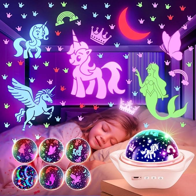 Onefire Girls Toys for Girl Gifts, 6 Films Light Projector Unicorn Toys for Girls Age 4-6, Rechargeable Night Lights for Bedroom, 360° Rotating Butterfly Decor Mermaid Gifts Princess Baby Toddler Toys - Image 1