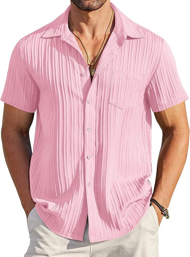 COOFANDY Men's Casual Button Down Shirts Short Sleeve Textured Summer Beach Shirt with Pocket - Image 1