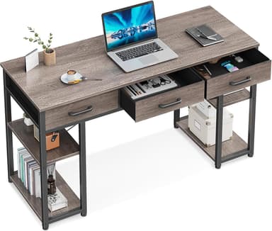 ODK Office Small Computer Desk: Home Table with Fabric Drawers & Storage Shelves, Modern Writing Desk, Grey Oak, 48"x16" - Image 2